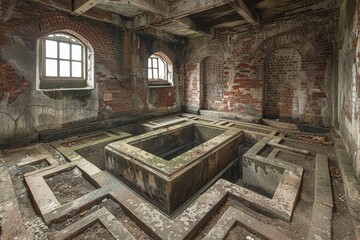 Poster - An abandoned building with brick walls and architectural elements