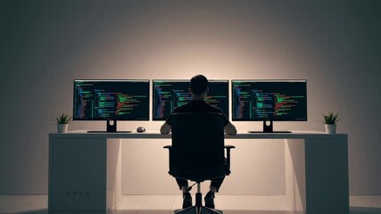 Aufkleber - Software developer coding complex software project, intensely focused while working late at night on multiple monitors with screen illumination in dark workspace