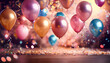 © theshooter - plantilla para invitaciones  y celebraciones de fiestas y cumpleaños con alegres y coloridos globos de colores flotando con serpentinas y confeti en un entorno de luces de fiesta