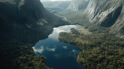 Wall Mural - Lush valley with a serene lake nestled amidst towering mountains.