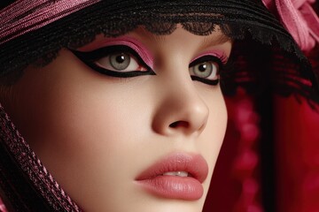 Poster - Striking beauty portrait of a woman with dramatic pink eye makeup and a hat, creating an allure of mystery and sophistication in a close-up shot.