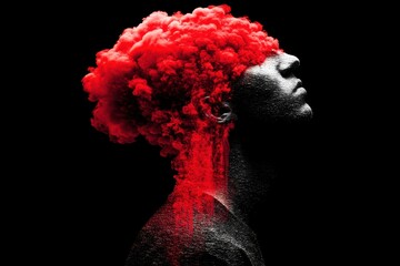 Poster - an artistic and surreal portrait of a human face with abstract red smoke erupting, creating a captiv