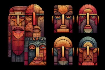 Poster - A set of geometric stylized tribal mask illustrations in warm colors on black background, created with strong lines and artistic style.
