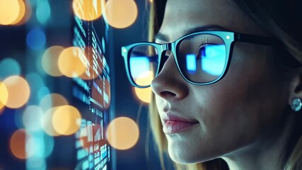 Poster - Woman focused on interactive digital display.