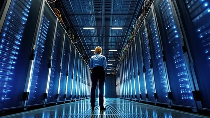 Poster - Person in vast server room filled with racks.