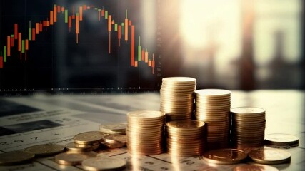 Aufkleber - Financial Triumph: A compelling tableau of gleaming golden coins and intricate market charts, this image captures the essence of financial markets, investments, and wealth creation.