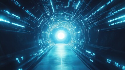Poster - a futuristic image showcasing a tunnel of glowing blue data streams converging towards a bright cent