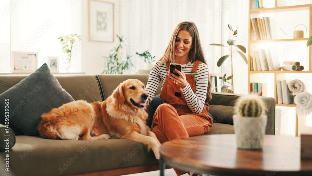 Smartphone, relax and woman on sofa with dog for bonding, reading or social media scroll at home on day off. Phone, smile and female person in living room with golden retriever, love and search