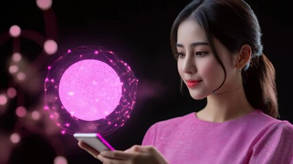 Poster - Woman interacting with a holographic phone display.