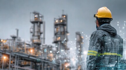 Poster - Worker in Safety Helmet Observing Industrial Site with Technology Overlays