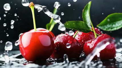 Poster - Fresh, vibrant cherries splashed with water.