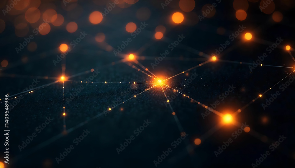 Abstract network with glowing orange nodes connected by lines on a dark ...