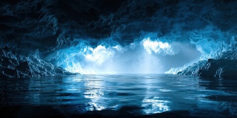 Poster - A blue sky with a body of water and a cave in the background