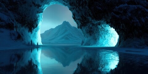 Poster - A blue sky with a body of water and a cave in the background