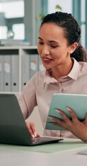 Poster - Laptop, tablet and businesswoman in office with research for online investment proposal. Computer, digital technology and professional female finance manager with email for profit report in workplace