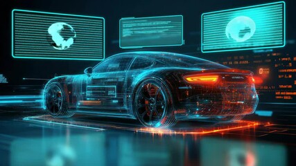 Poster - Futuristic car model, digital rendering, connected car.