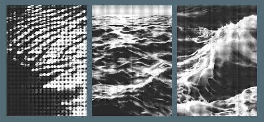 Poster - Oceanic Halftone Poster Set featuring Abstract Wave Patterns and Sea Textures in Blue and White, perfect for Modern Graphic Design and Creative Summer Backgrounds.