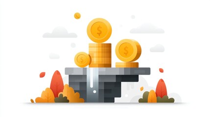 Poster - A stack of gold coins sits atop a stone platform symbolizing financial growth and wealth accumulation in a stylized illustration.