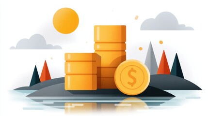 Aufkleber - Stacks of gold coins and a dollar coin sit on a small island in calm water under a bright sun symbolizing financial growth and wealth.