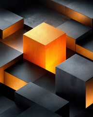 Fototapete - A glowing orange cube stands out among many dark gray cubes in a complex geometric arrangement of blocks.