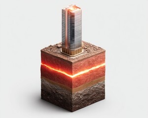 Aufkleber - A modern skyscraper model sits atop a cross-section of earth revealing glowing magma deep within the ground.
