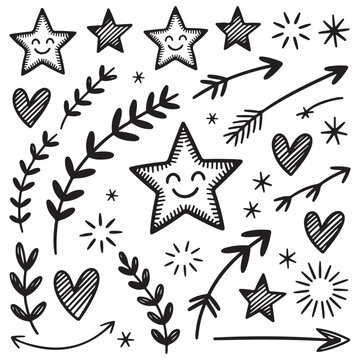 Hand-Drawn Pen Sketch Icon Pack – Smiling Stars, Zigzag Arrows, Floral Vines, Floating Hearts & Spark Bursts for Journaling & Scrapbooking  High-Resolution Vector Art