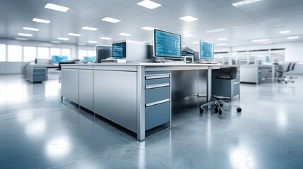 Poster - A modern cleanroom laboratory features stainless steel desks with multiple computers displaying program code in a bright sterile environment.