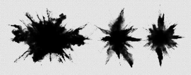 Poster - Halftone Sunburst Explosion Vector Set with Abstract Dot Texture, Grunge Patterns, and Retro Graphic Design Elements for Vintage Halftone Artwork and Icon Creation.