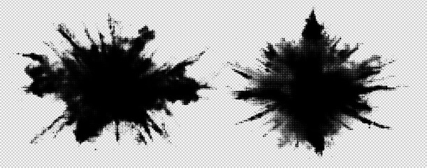 Poster - Vector Halftone Explosion Set with Sunburst Patterns and Abstract Dot Texture. Retro Grunge Design Elements for Vibrant Graphic Backgrounds and Collages