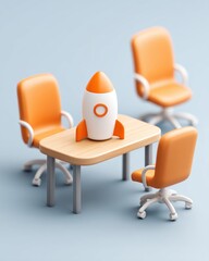 Poster - A small rocket ship sits on a table between three orange office chairs ready for a business meeting launch.