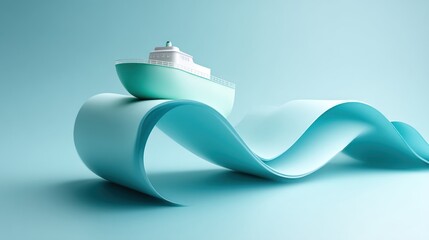 Poster - A minimalist illustration depicts a small turquoise ship sailing smoothly over stylized turquoise ocean waves on a light blue background.