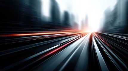 Poster - Abstract image of a high speed train traveling through a blurred city at night with red and orange light streaks.