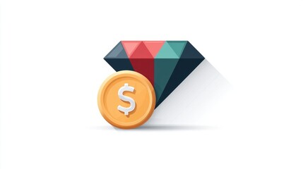 Poster - A stylized gemstone icon rests beside a gold coin symbolizing wealth and financial success in a modern flat design.