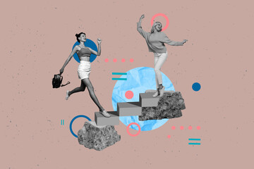 Aufkleber - Trend graphics collage of people run dance rock steps on brown color background