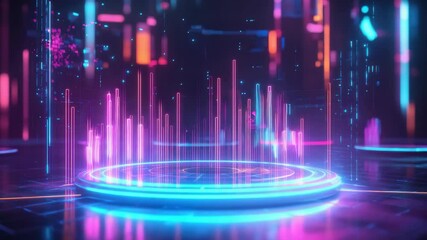 Poster - Futuristic digital platform with glowing neon lights.