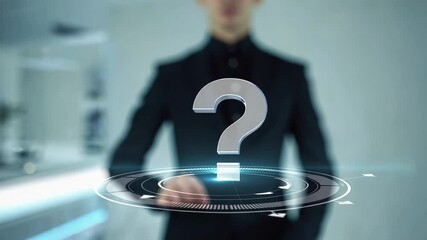 Aufkleber - Businessman in a suit interacts with a holographic question mark interface, symbolizing decision making, problem solving, and seeking answers in a modern technological environment