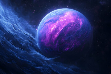 a vibrant, otherworldly planet glows amidst swirling nebulae.