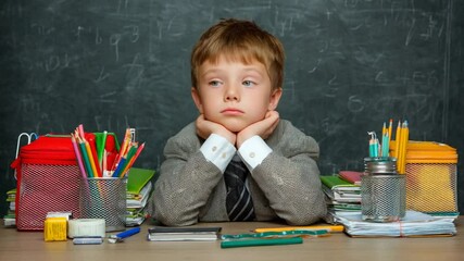 Poster - Young Boy in Formal Attire Appears Bored at Study Desk Generative AI
