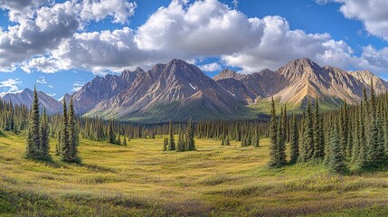 Wall Mural - Vast, sunlit alpine valley framed by towering mountain peaks.