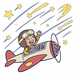 Wall Mural - Cheerful airplane pilot waving from cockpit in a sky filled with shooting stars