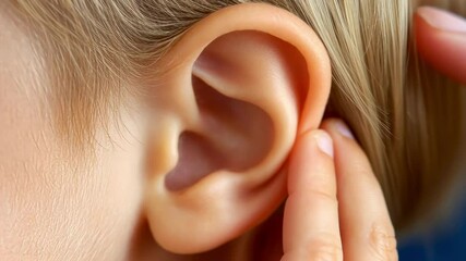 Poster - Pediatric patient experiencing potential ear discomfort, with healthcare professional gently touching sensitive area during medical examination and diagnosis