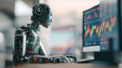 Poster - Futuristic AI Robot Analyzing Data at Computer Desk with Screen