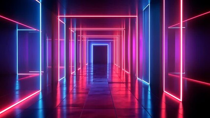 Poster - Neon lights illuminate a futuristic hallway.