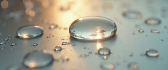 Poster - Luminous Water Droplets on a Metallic Surface, Revealing Reflections and Sparkling Light