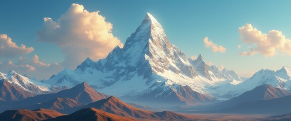 Fototapete - Majestic snowy mountain peaks under a clear blue sky, with soft clouds and a vast landscape of brown hills.