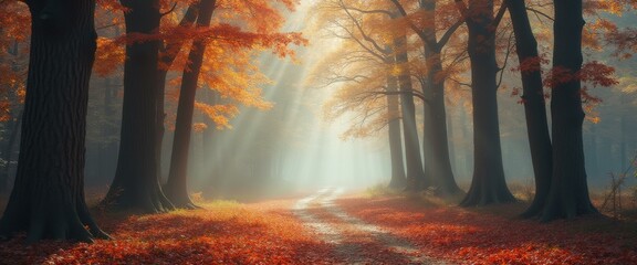 Poster - Ethereal Autumn Pathway: Sunlight Through Golden Trees in a Misty Forest Landscape