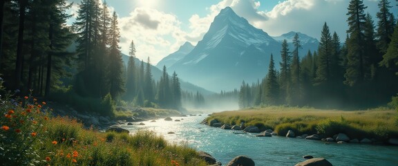 Poster - Serene Mountain Landscape with River and Wildflowers in Sunny Atmosphere