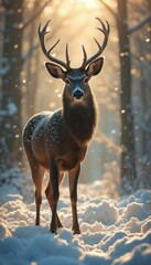 Poster - Majestic deer stands in a sun-drenched winter forest with snow-covered antlers, creating a serene and captivating scene