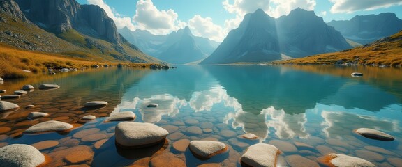 Poster - Tranquil Mountain Lake with Clear Waters and Reflecting Clouds, Foreground Rocks, Golden Grassland, and Distant Peaks