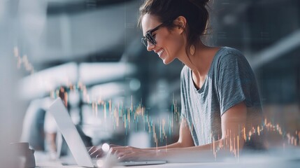 Poster - Smiling Woman Typing on Laptop in Bright Modern Workspace
